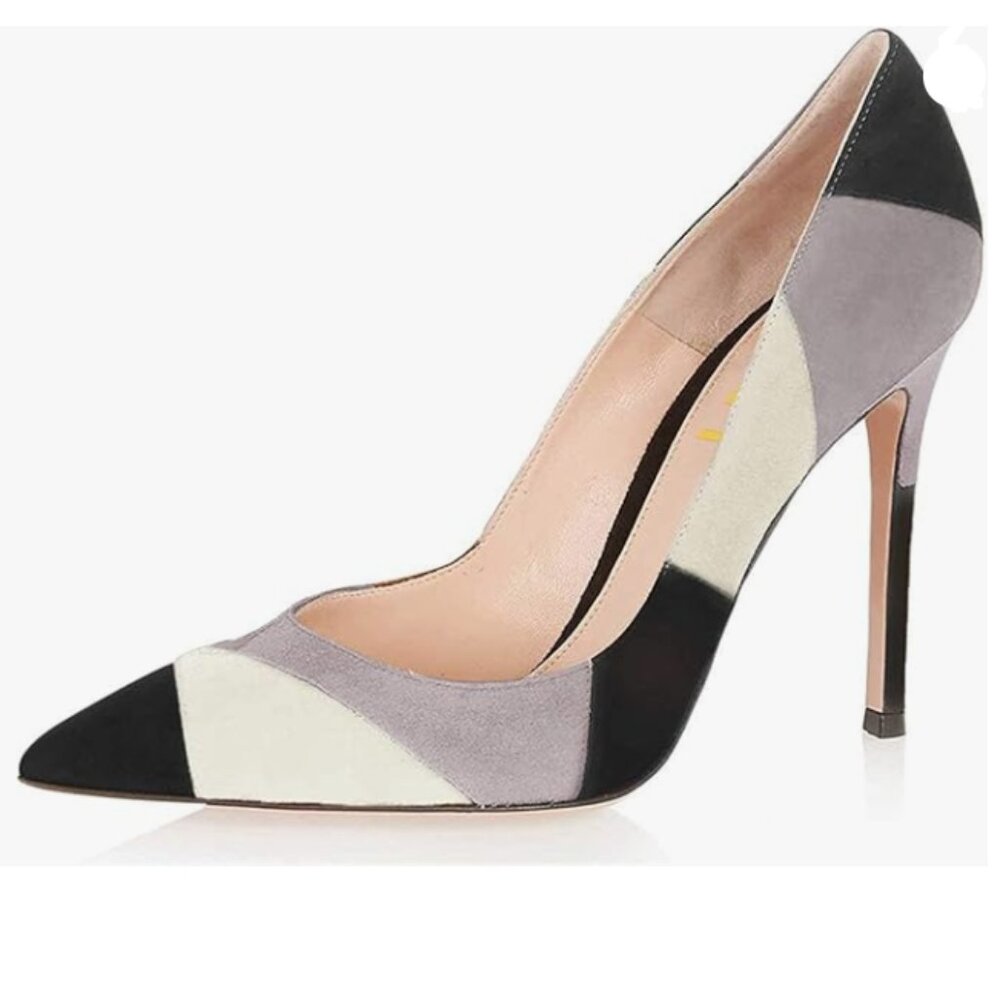 FSJ Grey Faux Suede High Heel Pump Pointed Toe Slip On Office Dress Shoes